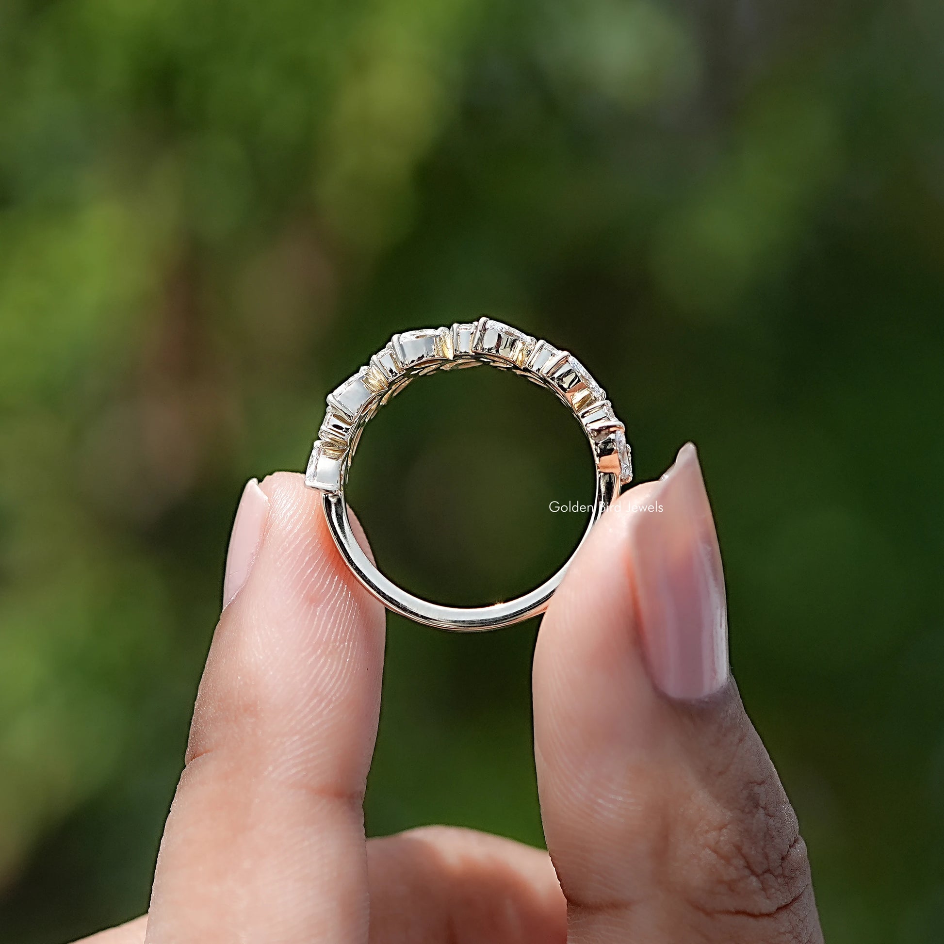 Front View of 925 Sterling SilverMarquise and Round Shape Lab Created Diamond Anniversary Ring