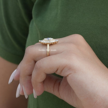 Side View of Baguette Cut Halo Ballerina Ring In finger