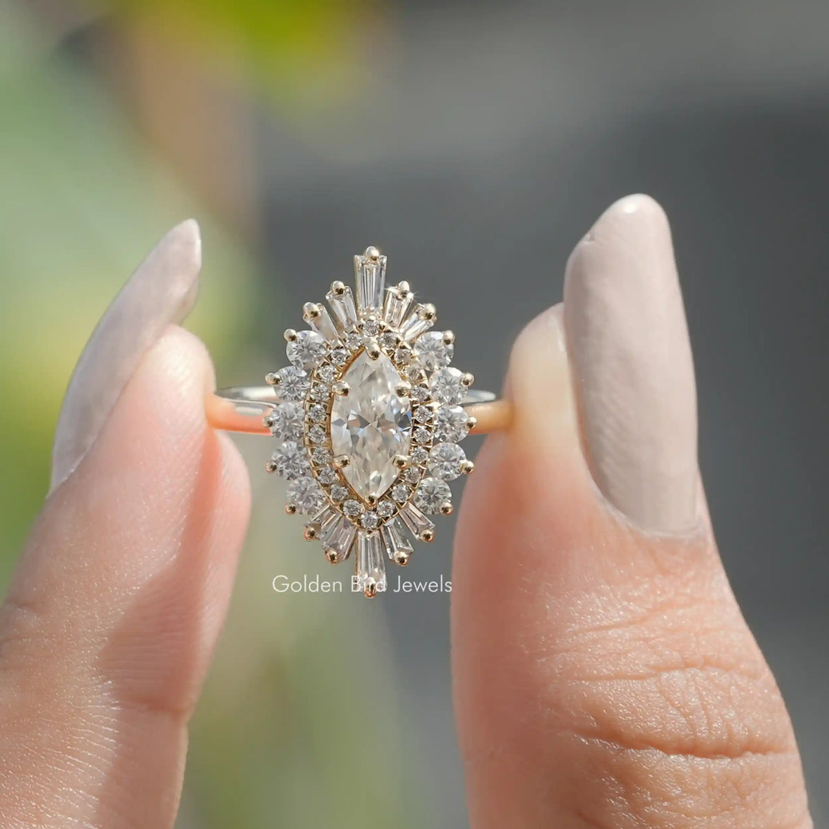 [Marquise Cut Cluster Halo Moissanite Ring]-[Golden Bird Jewels]