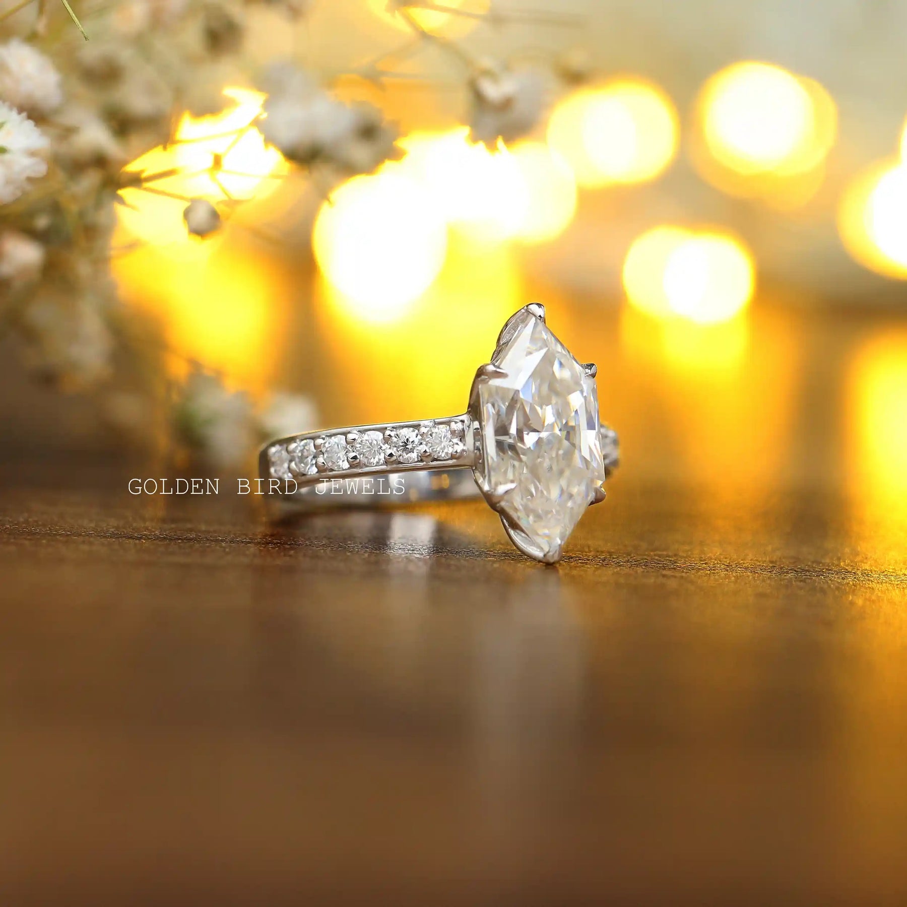 Side view of solitaire moissanite  ring In 6 prongs setting 