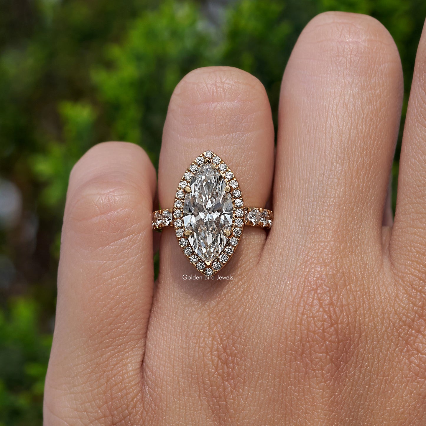Marquise Cut Lab Grown Halo Accent Engagement Ring