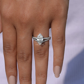Close-Up View of Marquise Cut lab Diamond Bridal Ring Set 