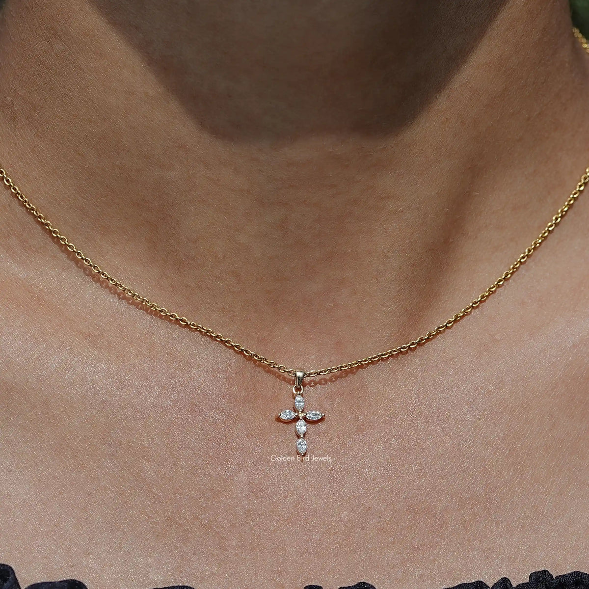 View Of Marquise Cut Lab Diamond Cross Pendant In A Women's