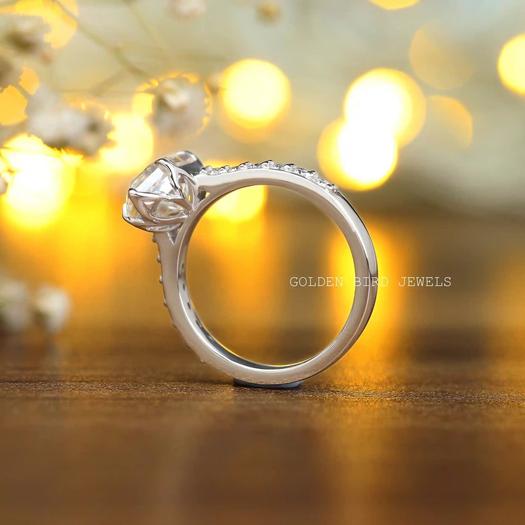 [14K White Gold Moissanite Solitaire Ring]-[Golden Bird Jewels]