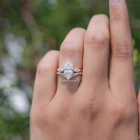 Marquise Cut Moissanite Three Stone Bridal Ring Set