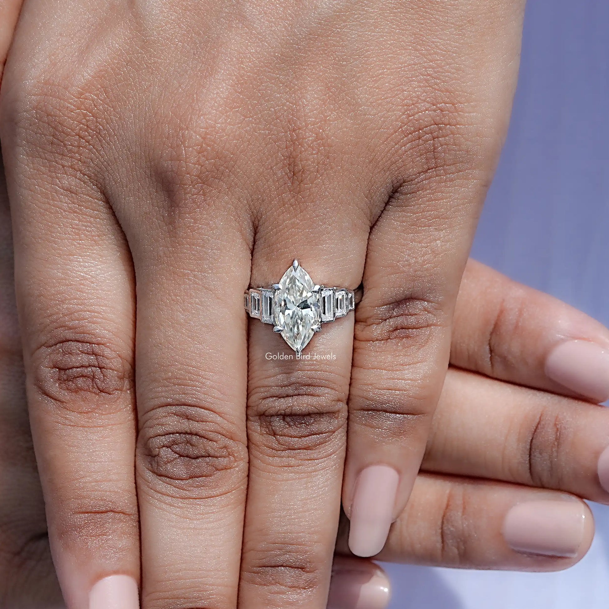 In finger view of Marquise Cut Moissanite Engagement Ring