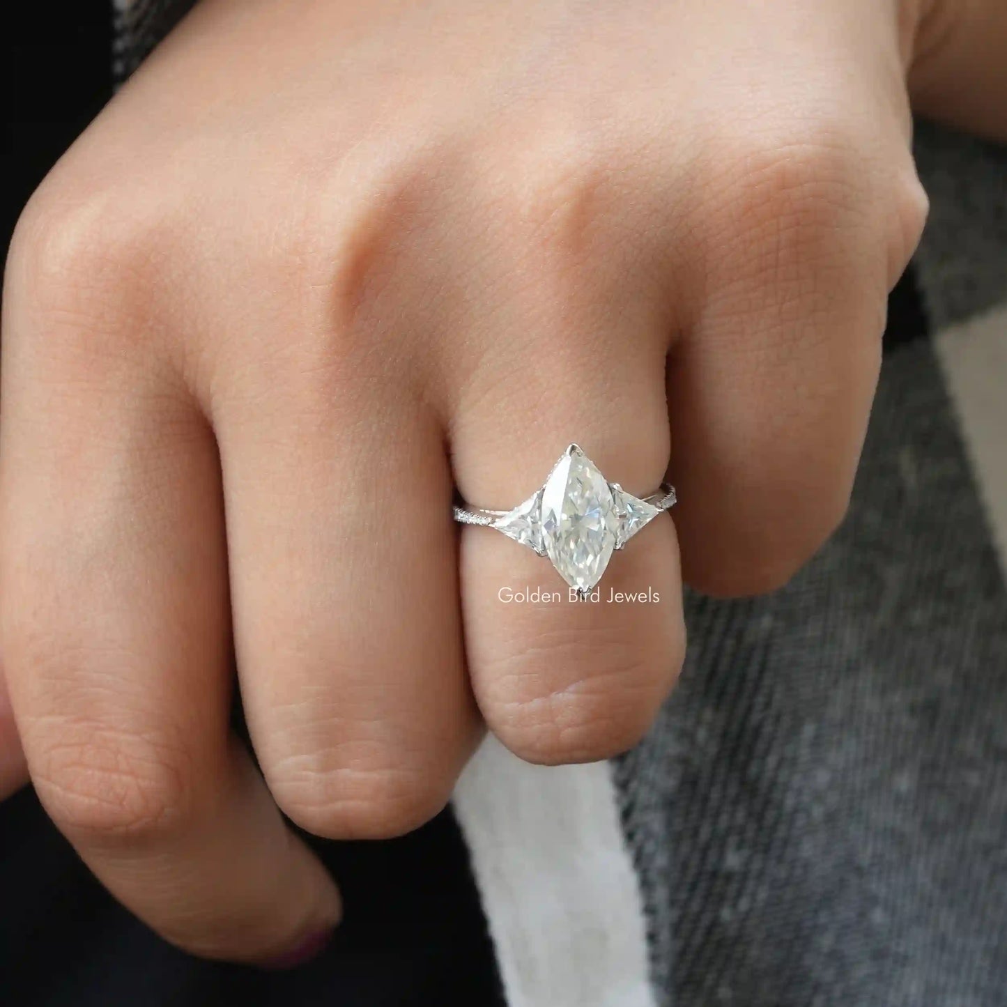 Detailed View Of Hidden Halo Marquise Cut Moissanite Ring In White Gold