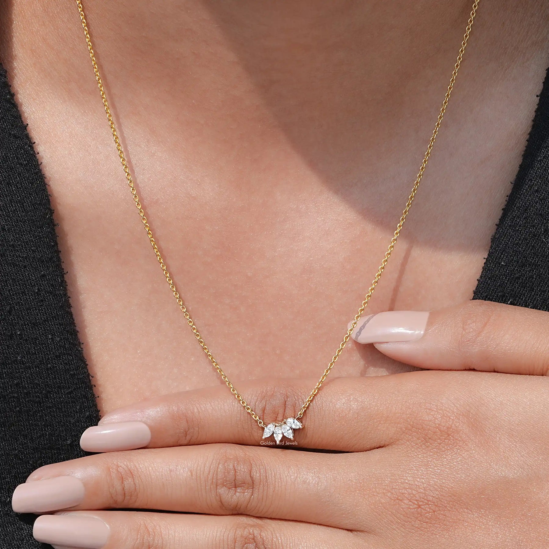 Close-Up View of Marquise Cut Diamond Pendant In Yellow Gold