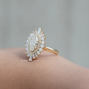 [Moissanite Marquise Cut Cluster Engagement Ring]-[Golden Bird Jewels]