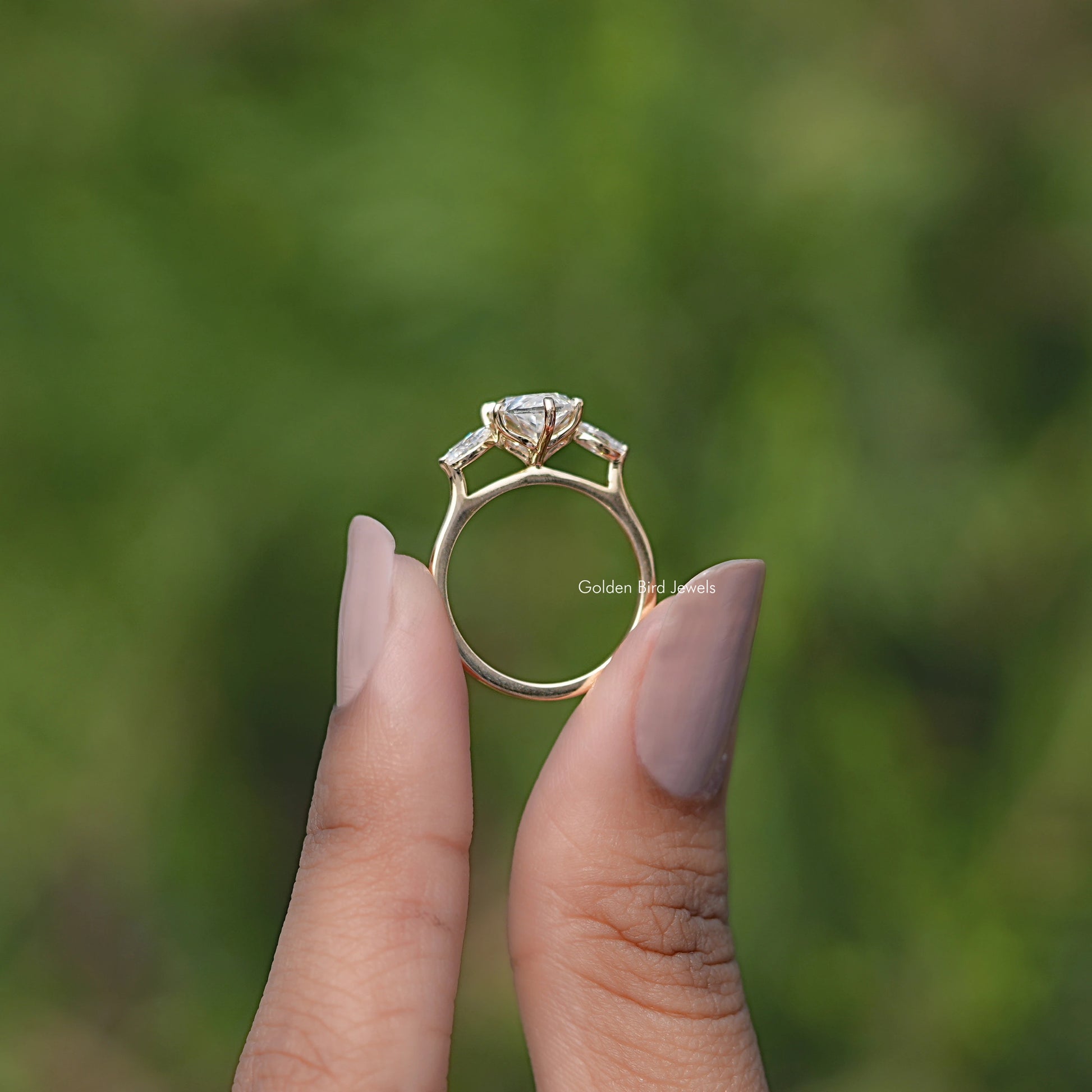 Back view of Marquise Cut Moissanite Three Stone Ring