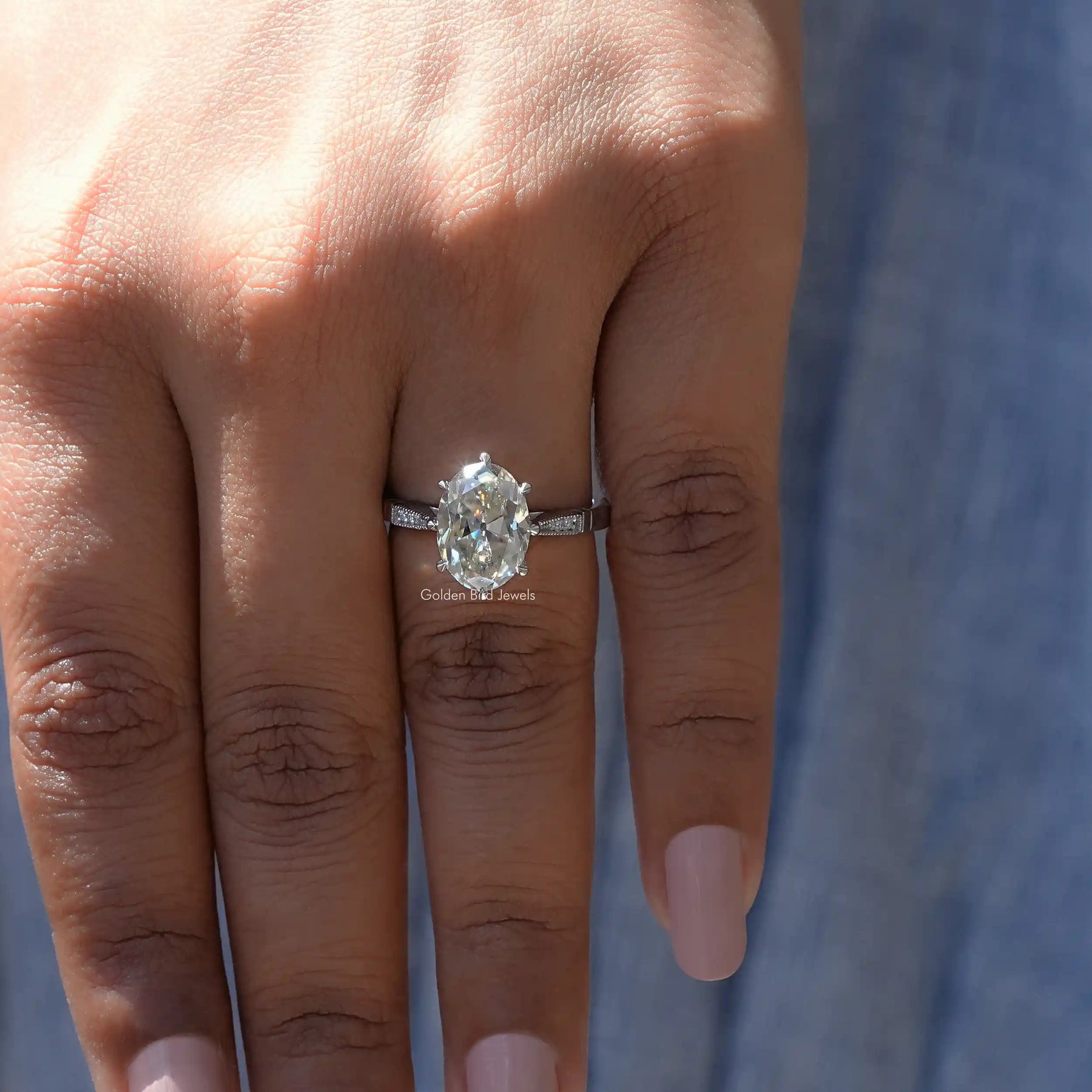 [14K White Gold Oval Cut Moissanite Ring]-[Golden Bird Jewels]