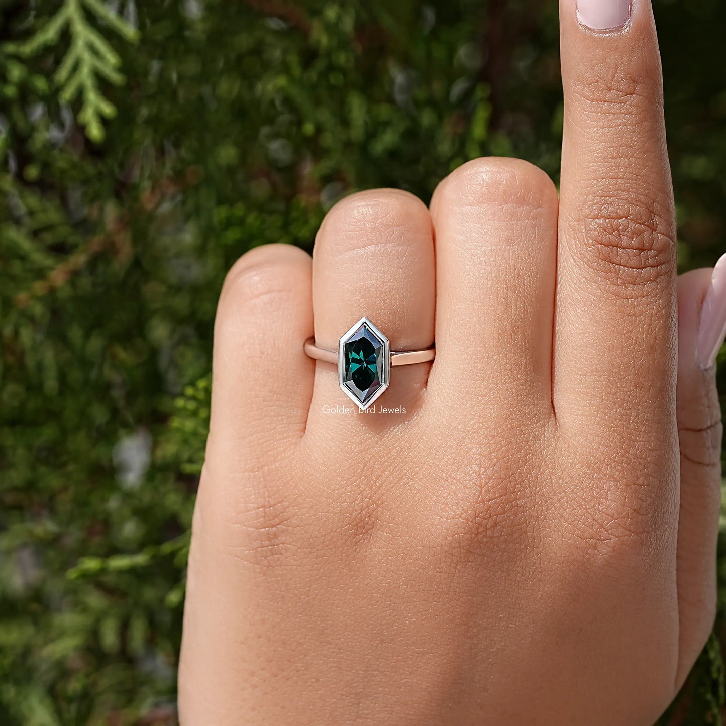 Green Dutch Marquise Cut Moissanite Diamond Bezel Set Ring