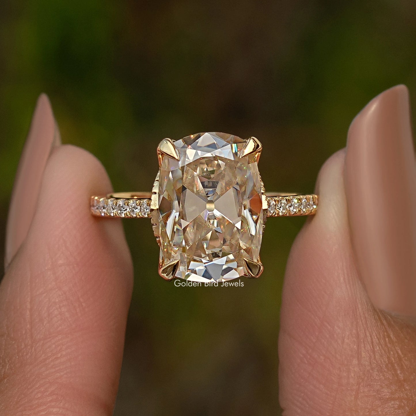 Elongated Old Mine Cushion Hidden Halo Moissanite Engagement Ring