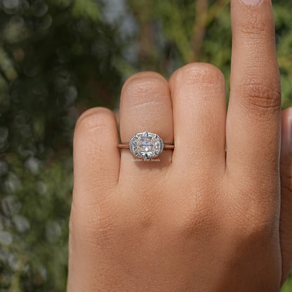 East West Old Mine Cushion Moissanite Solitaire Ring
