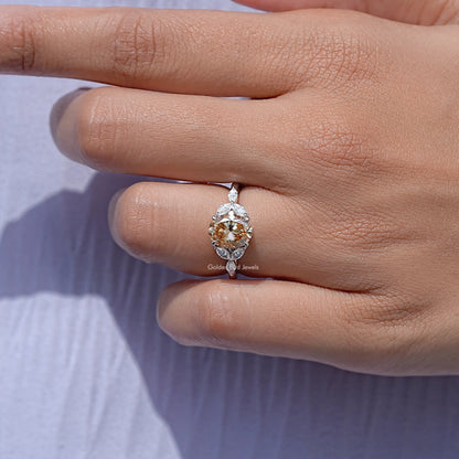 Oval Moissanite Gemstone Leaves Side Stone Wedding Ring