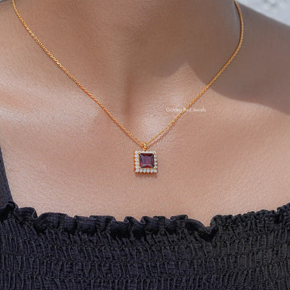 Red Ruby Princess Cut Moissanite Gemstone Halo Pendant