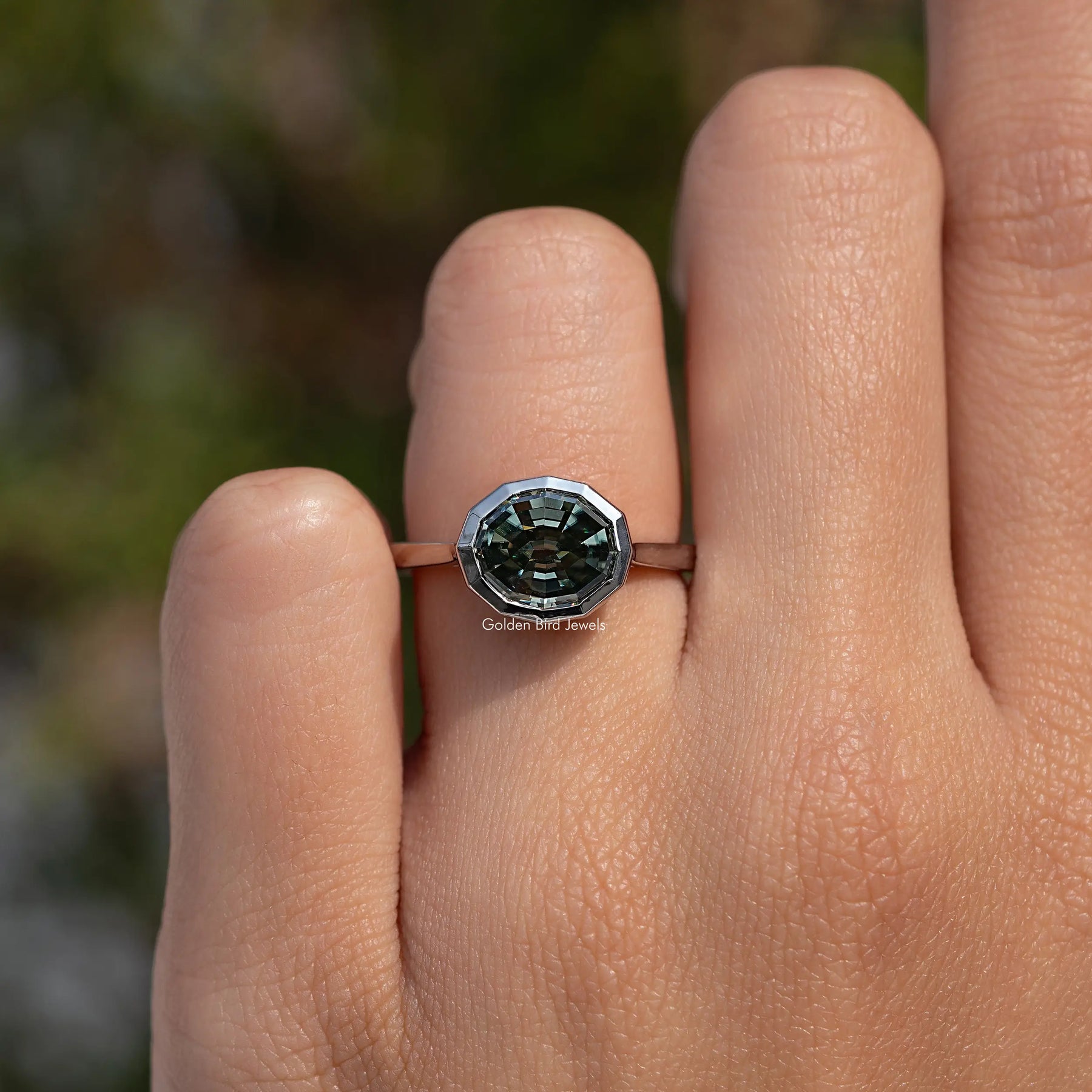 Moissanite Step Cut Oval Blue Green Solitaire Bezel Set Ring