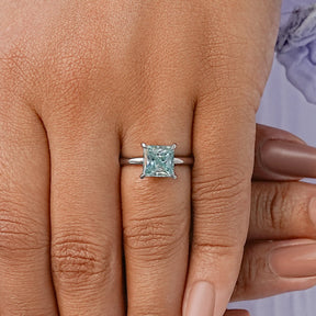 Cyan Blue Princess Cut Moissanite Solitaire Ring