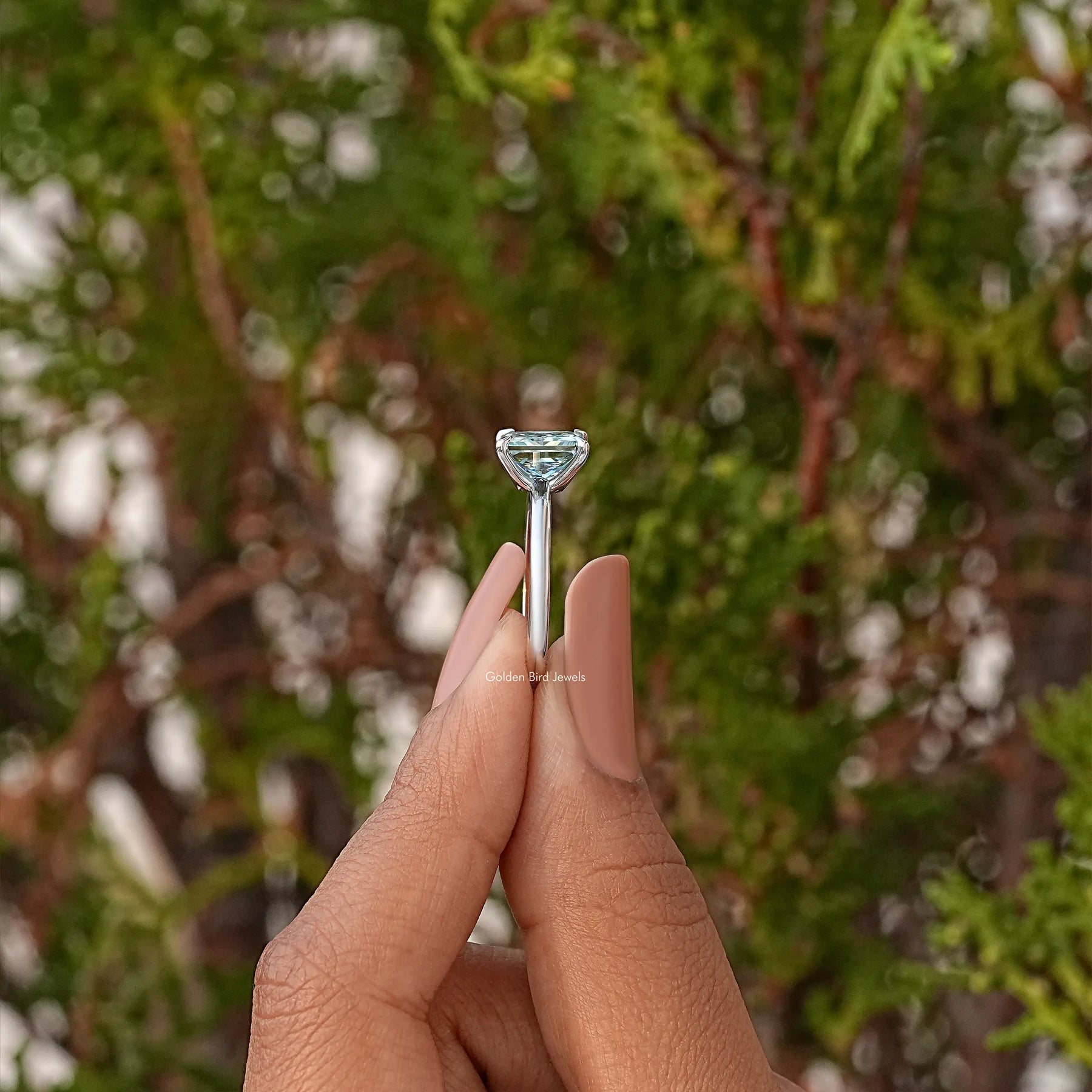 Cyan Blue Princess Cut Moissanite Solitaire Ring