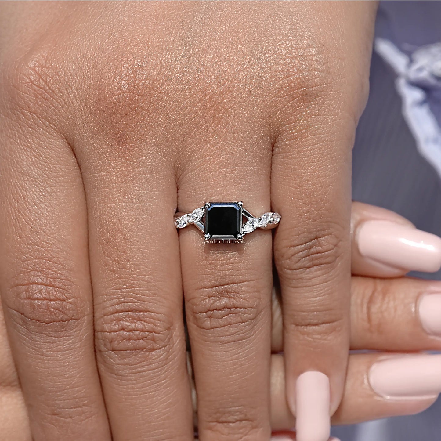Black Asscher Gemstone Moissanite Engagement Ring