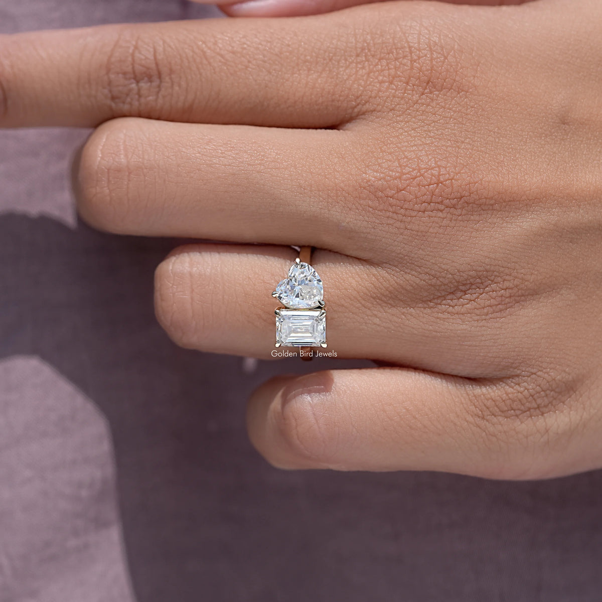 Heart and Emerald Cut Moissanite Toi Et Moi Ring
