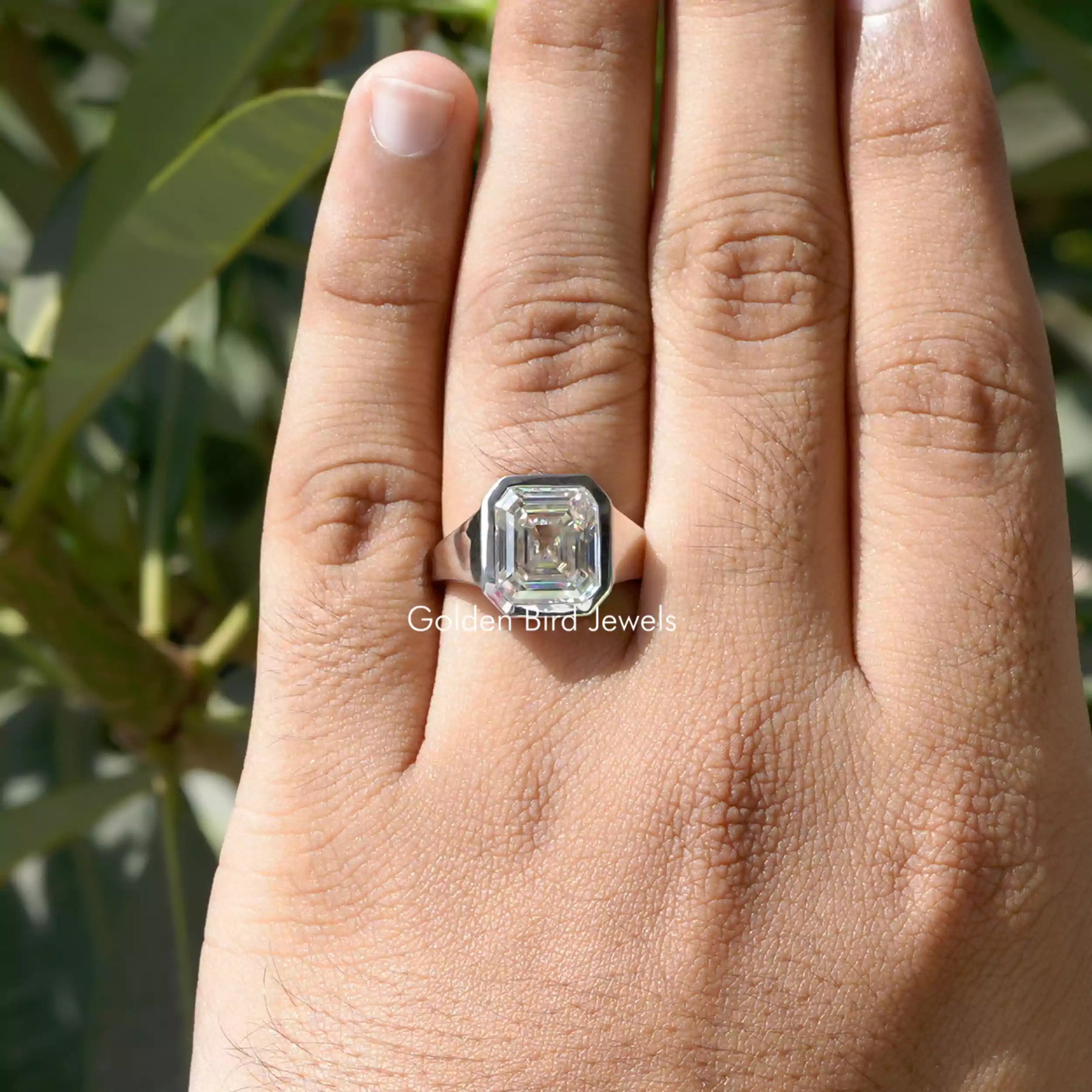 [Moissanite Asscher Cut Bezel Setting Solitaire Ring]-[Golden Bird Jewels]