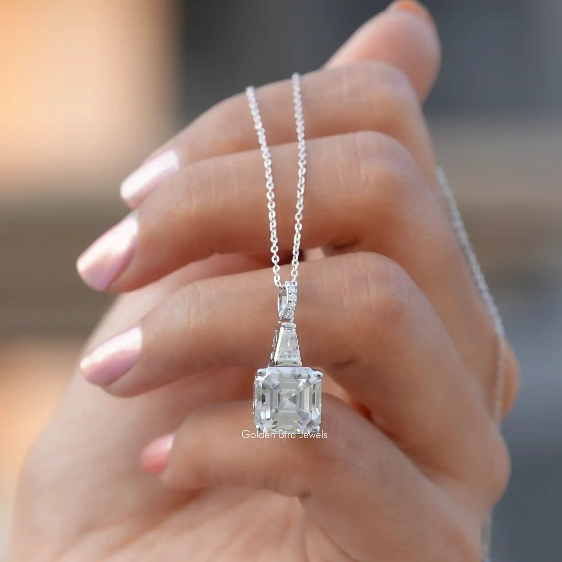 [14K White Gold Asscher Moissanite Pendant]-[Golden Bird Jewels]