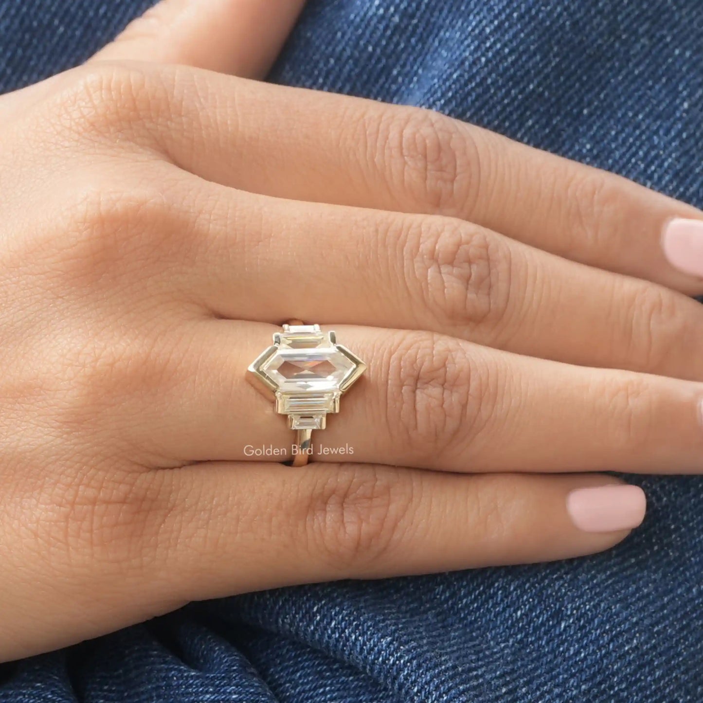 View of Moissanite Baguette Cut Engagement Ring In White Gold