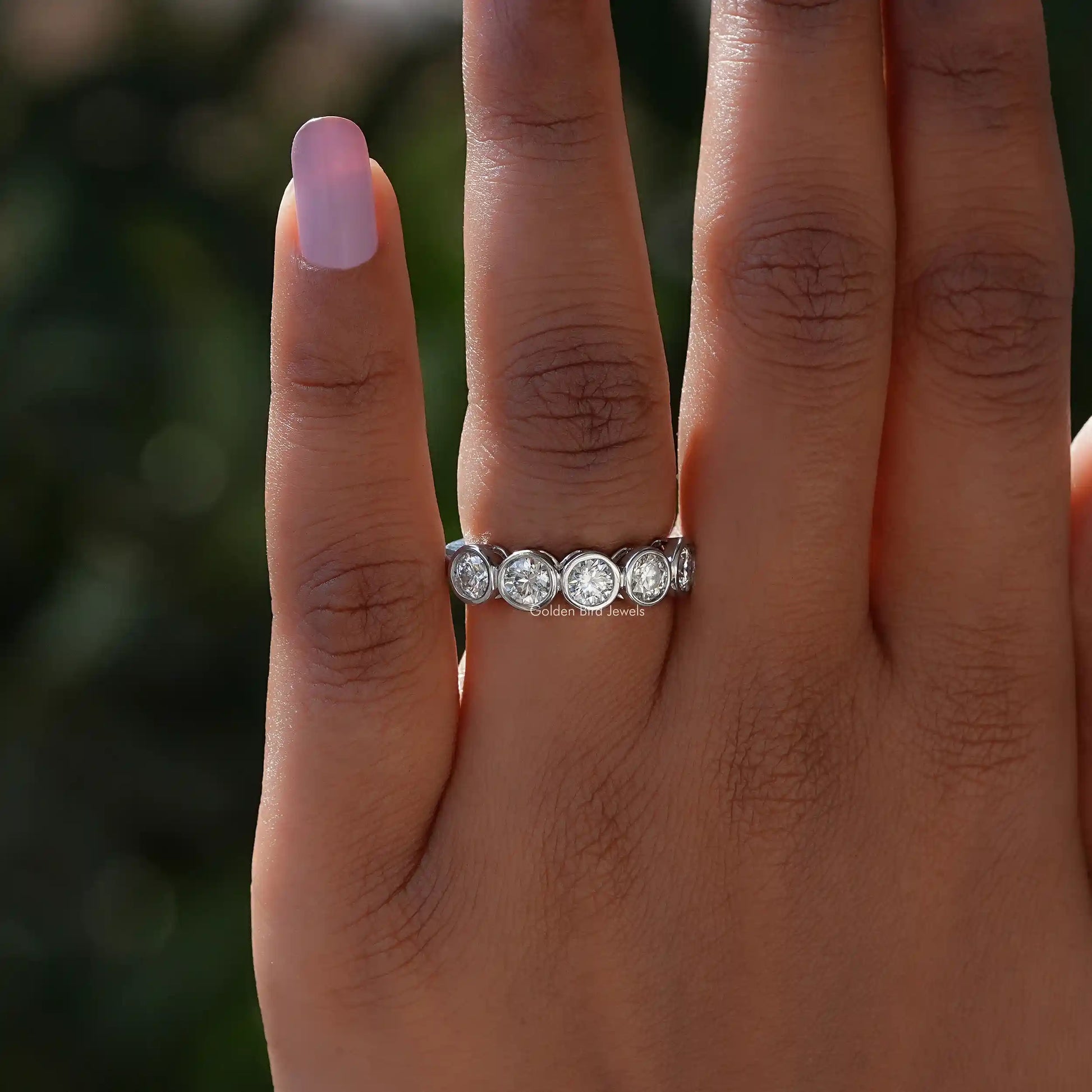 [White Gold Round Cut Bezel Set Band]-[Golden Bird Jewels]