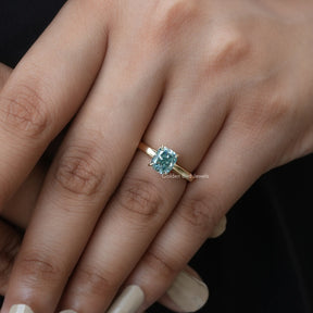 [Blue Moissanite Cushion Cut Solitaire Ring]-[Golden Bird Jewels]