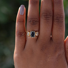 Close-Up View of Moissanite Criss Cut 3 Stone Ring In Yellow Gold