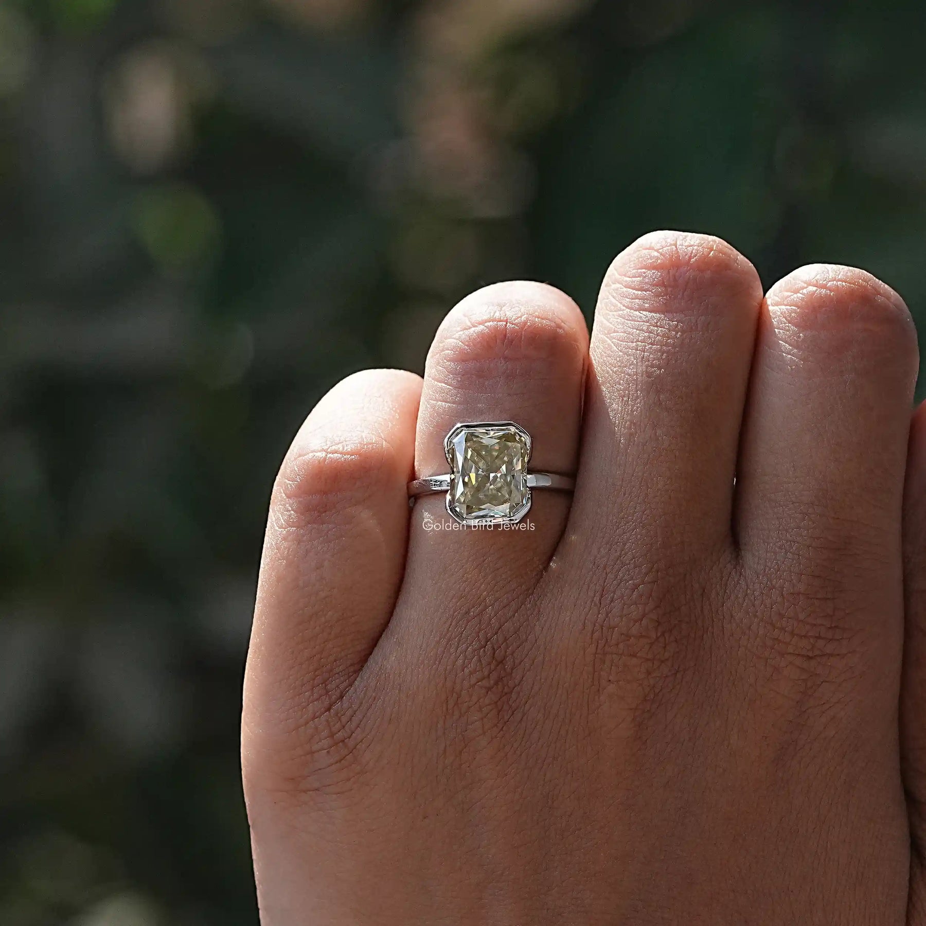 Close-Up View of Radiant Cut Moissanite Ring In White Gold