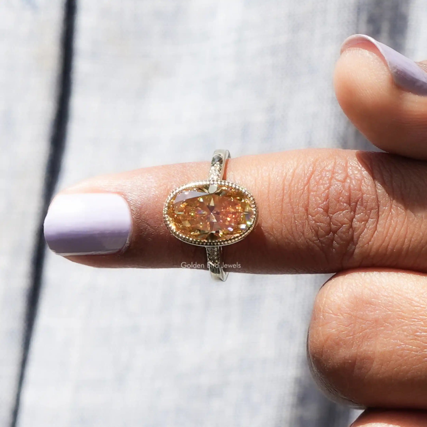 [Champagne Oval Cut Moissanite Solitaire Ring]-[Golden Bird Jewels]