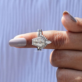 In finger front View of Coffin Cut Halo Bridal Ring Set In White Gold