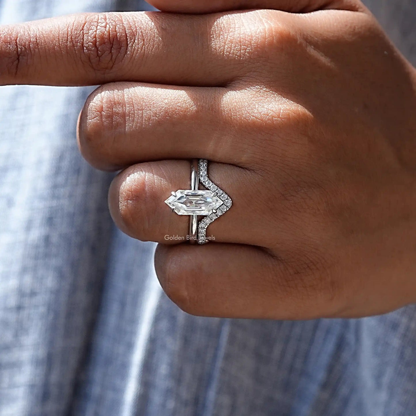 View of Hexagon Cut Moissanite Bridal Ring Set In finger