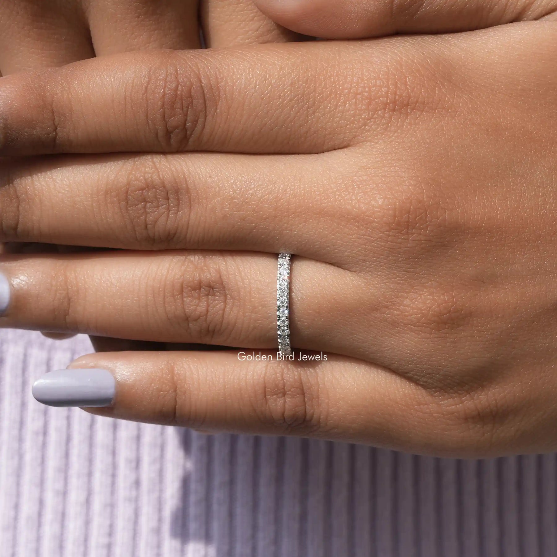 [14k White Gold Colorless Round Cut Moissanite Eternity Band]-[Golden Bird Jewels]
