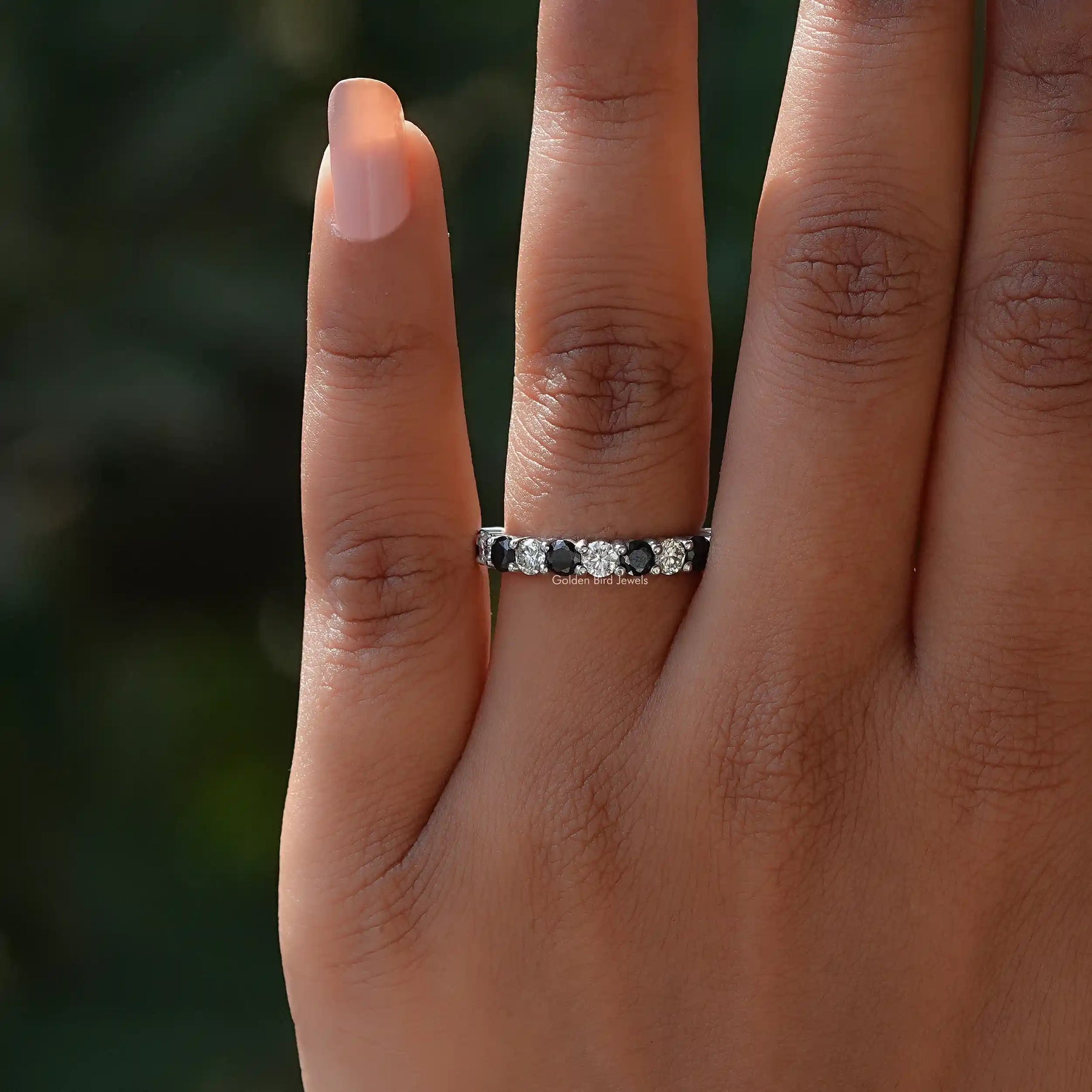 [14K White Gold Round Cut Moissanite Eternity Band]-[Golden Bird Jewels]