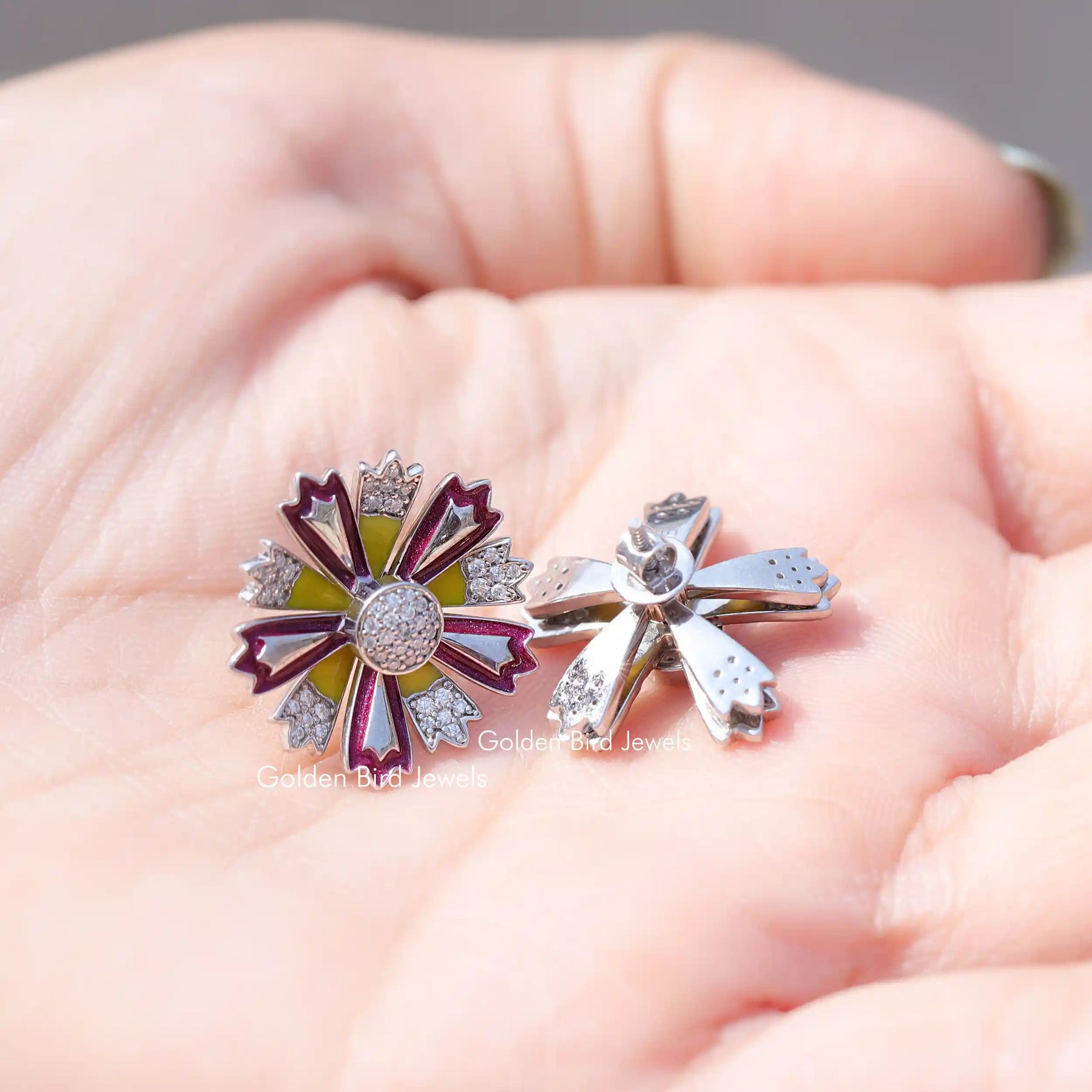 [White Gold Moissanite Round Cut Flower Style Earrings]-[Golden Bird Jewels]