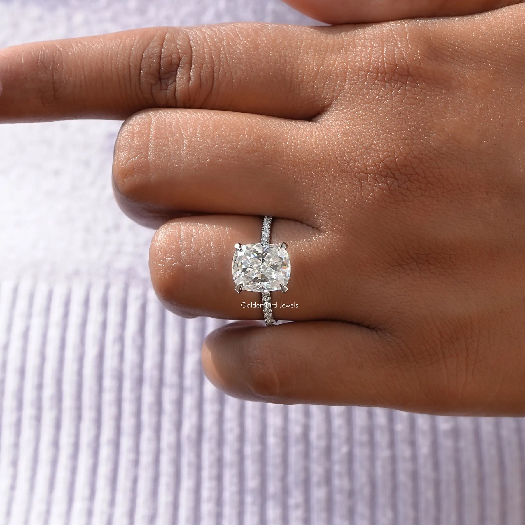 [Crushed Ice Cushion Cut Moissanite Hidden Halo Ring]-[Golden Bird Jewels]