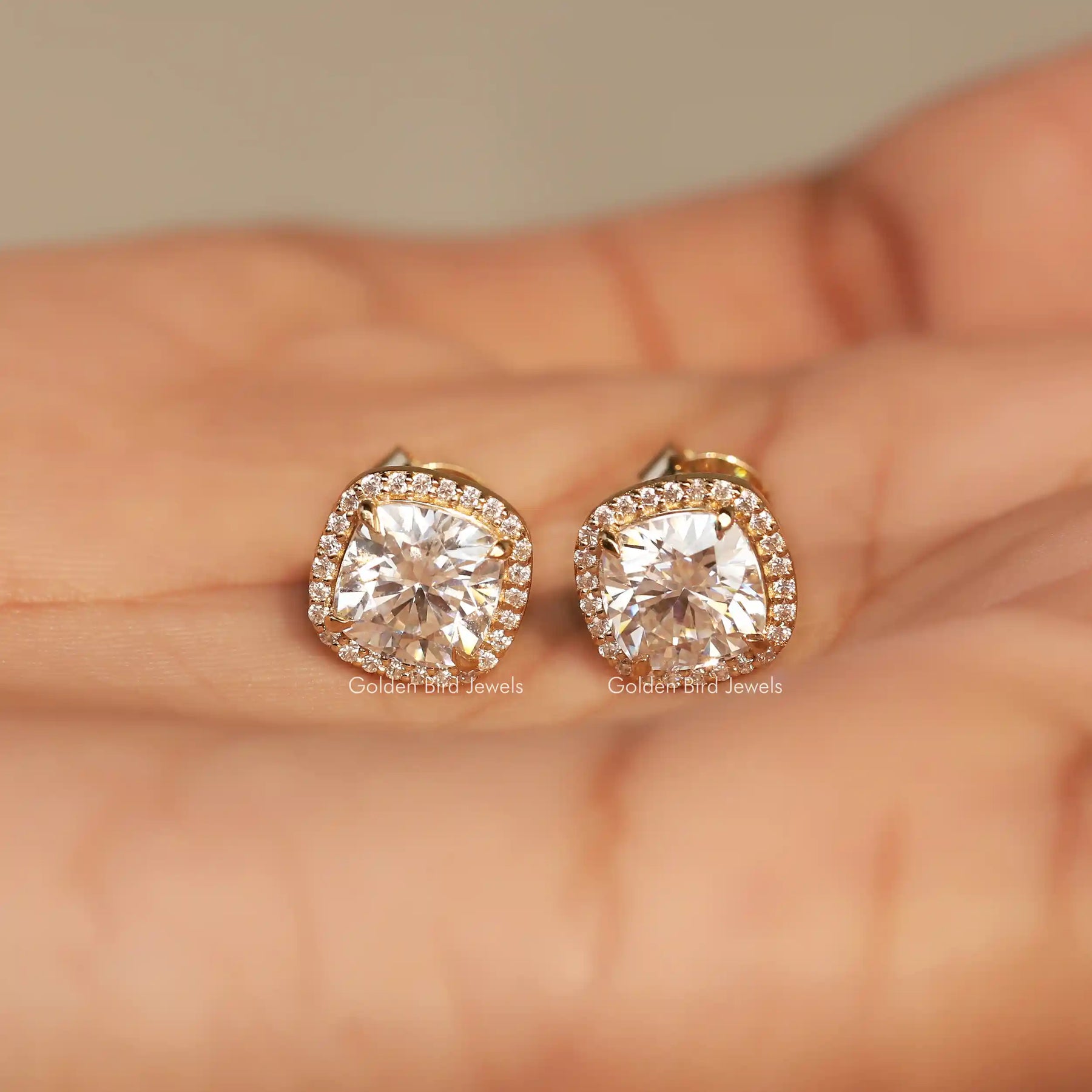 Cushion Cut Moissanite Halo Studs Earrings