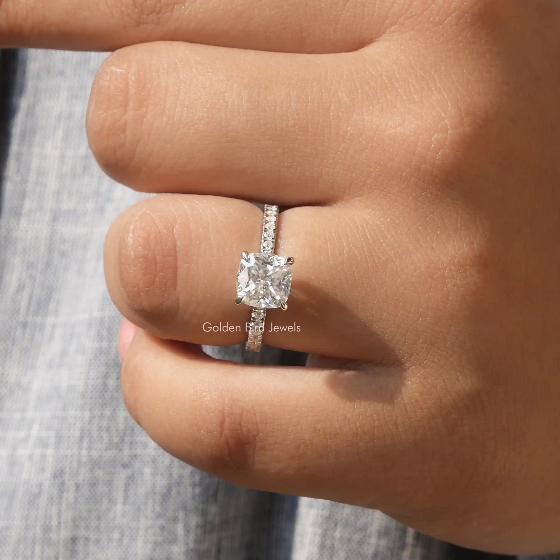 Cushion Cut Solitaire Accent Stone Engagement Ring