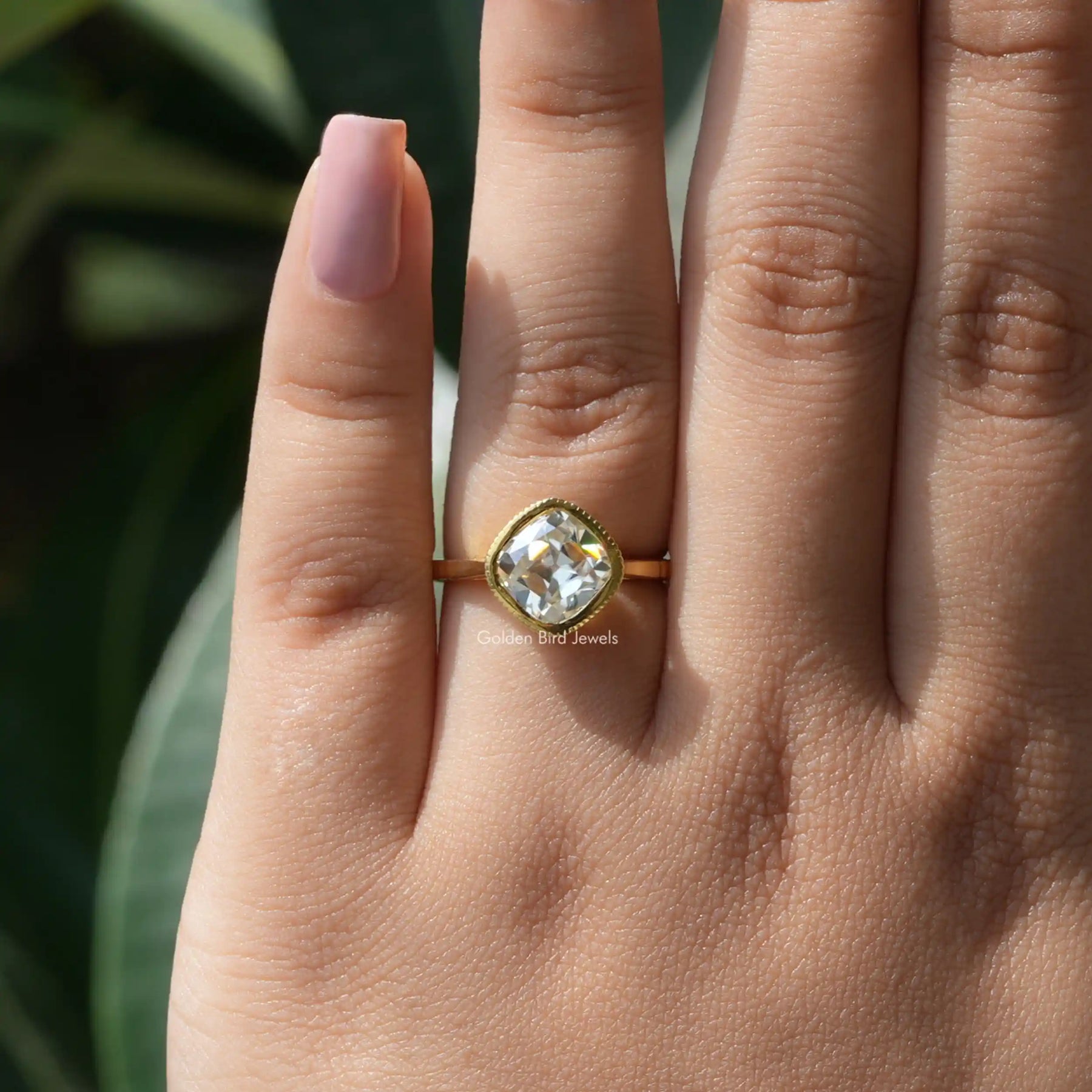 Detailed View Of Old Mine Cushion Cut Moissanite Ring In Yellow Gold