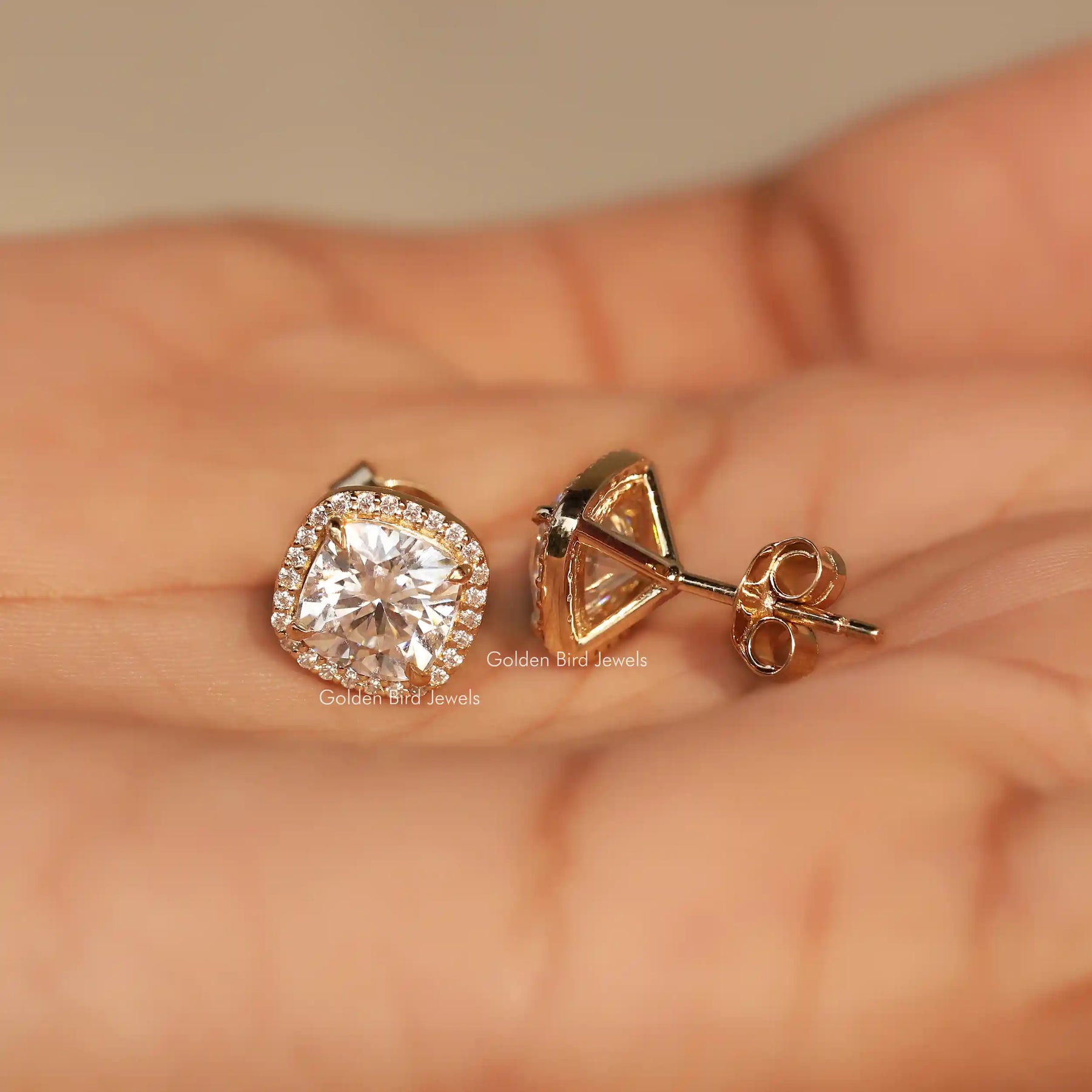 Cushion Cut Moissanite Halo Studs Earrings