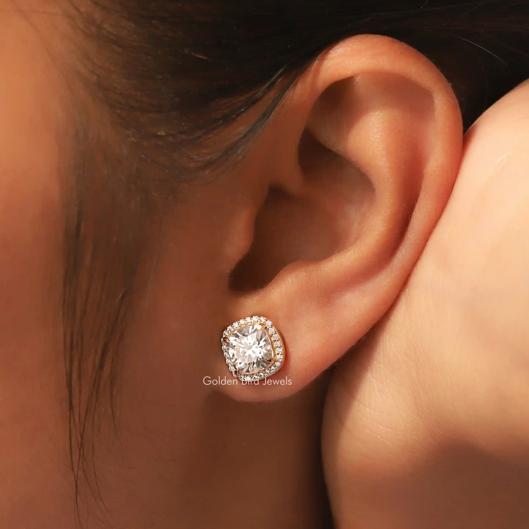 Cushion Cut Moissanite Halo Studs Earrings