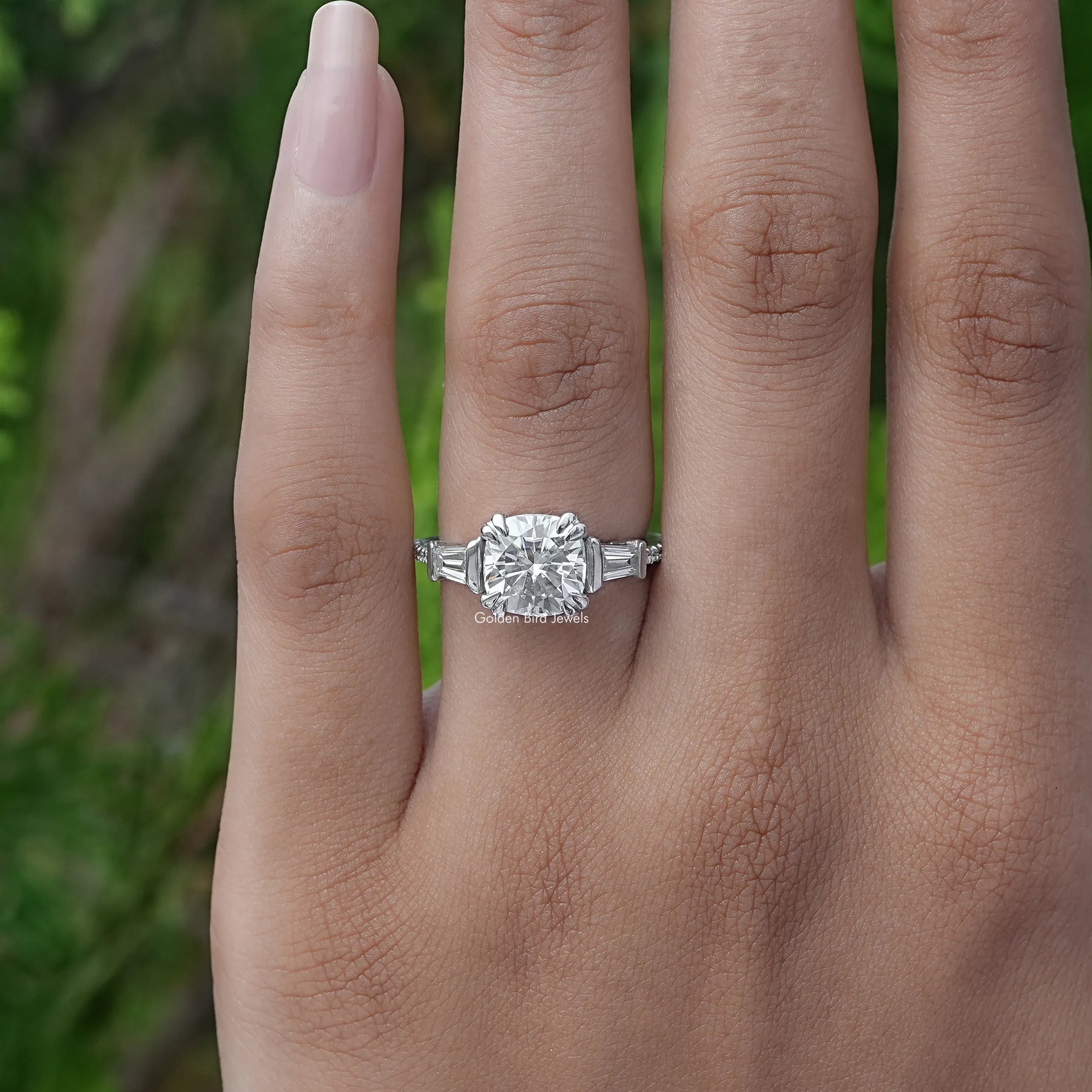 [3 Stone Cushion And Baguette Cut Engagement Ring]-[Golden Bird Jewels]