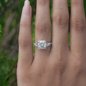 [3 Stone Cushion And Baguette Cut Engagement Ring]-[Golden Bird Jewels]