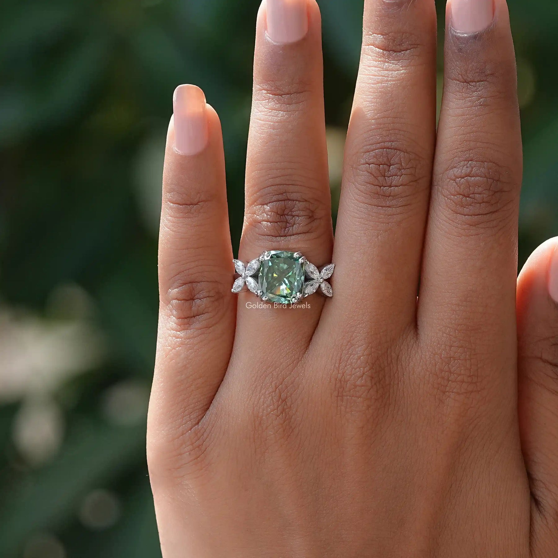 [Dark Green Cushion And Marquise Cut Ring]-[Golden Bird Jewels]