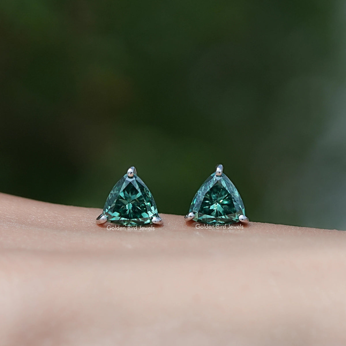 Dark Green Trillion Cut Moissanite Stud Earrings