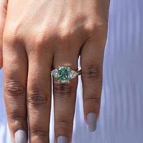 Detailed View Of Green Elongated Cushion Cut Moissanite Ring In White Gold