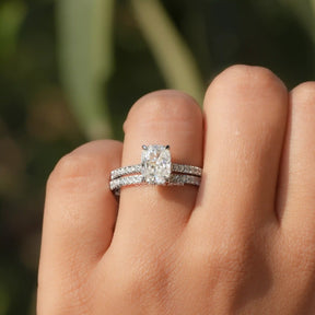 [White Gold Cushion Cut Bridal Ring Set]-[Golden Bird Jewels]